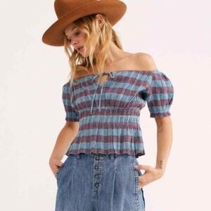 Free‎ People Turquoise Burgundy Plaid Smocked Off Shoulder Peplum Top XS